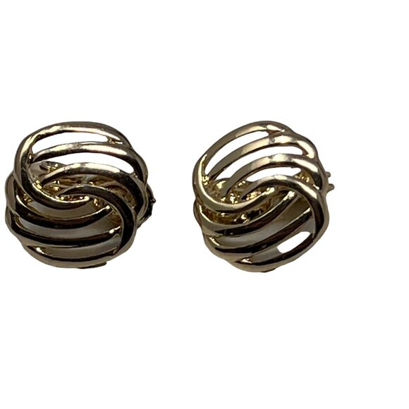 HMN Earrings Shiny Gold Tone Intertwined Ovals Vintage Clip On - Picture 9 of 10